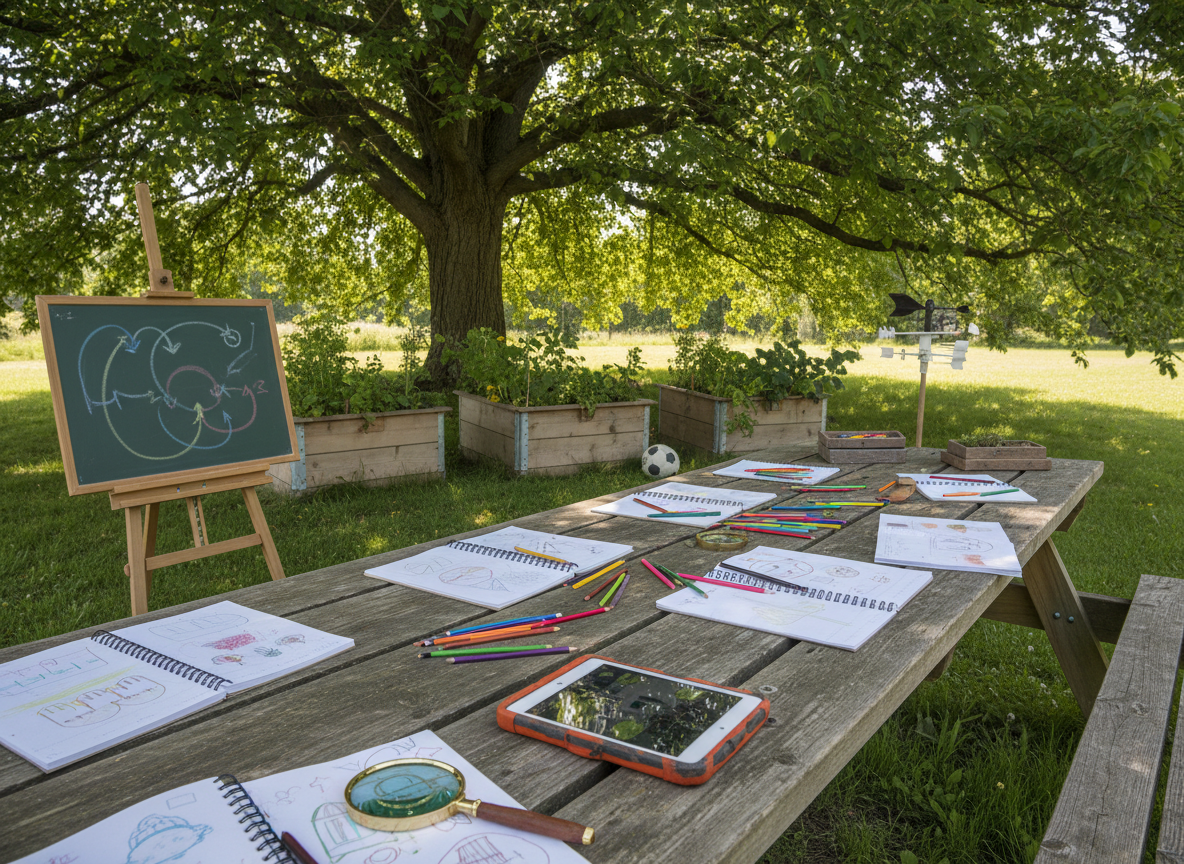An outdoor alternative education setting in photographic realism: a large wooden picnic-style table under a leafy tree, with open exercise books, colored pencils, a rugged tablet, and a simple magnifying glass arranged across the surface, but no people in sight. A nearby chalkboard on an easel shows only colorful diagrams and arrows, no letters. In the background, raised planter beds, a small weather station, and a ball resting on short grass hint at experiential learning and physical activity. Soft late-morning sunlight filters through branches, casting dappled shadows over the table. Captured from a slightly low angle along the table’s edge, the composition emphasizes collaboration, fresh air, and re-engagement with learning in a calm, hopeful mood.