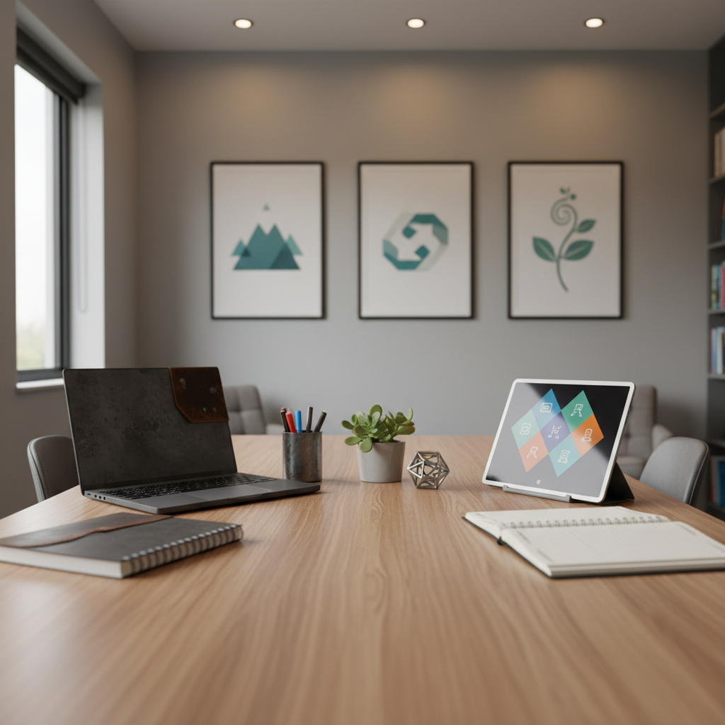 A long wooden table in a contemporary mentoring room, completely empty of people, with two distinct workstations facing each other: one side with a rugged laptop, notebook, and colored pens; the other with a tablet displaying abstract icons and a structured planner open with blank, grid-like pages. Between them sits a small pot plant and a stress-relief sensory toy. The walls feature framed, text-free posters using icons and shapes to represent goals, support, and growth. Warm ceiling lights blend with soft afternoon light from a side window, creating a balanced, professional atmosphere. Photographic realism, slightly elevated angle, subtle depth of field, conveying focused one-to-one support and guidance in alternative education without depicting any humans.