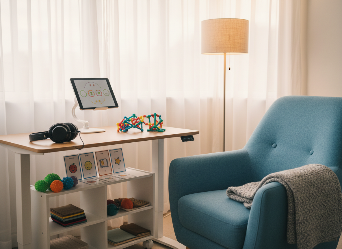 An inviting SEND-friendly learning nook in photographic realism, with a large, supportive armchair facing a height-adjustable desk that holds noise-cancelling headphones, a colorful tactile fidget set, and a tablet on an adjustable stand showing simple geometric patterns. A soft weighted blanket is folded neatly over the arm of the chair. Nearby, a low sensory shelf displays textured balls, fabric swatches, and visual cue cards without text. The room is bathed in diffused natural light from a high window with sheer curtains, complemented by a dimmable floor lamp. Shot at eye-level with a gentle, shallow depth of field, the mood is reassuring, calm, and inclusive, suggesting tailored SEND support and emotional regulation spaces without any people present.