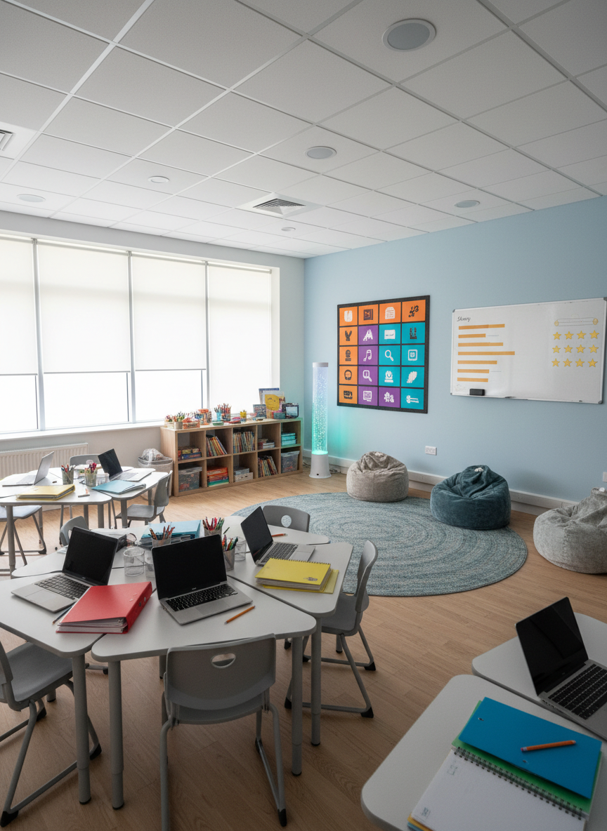A modern multi-purpose classroom for alternative provision, shown in photographic realism, completely empty but clearly ready for diverse learners. One side has grouped desks with laptops, notebooks, and color-coded folders; another has a quiet sensory area with a soft rug, beanbags, and a dimmable bubble tube lamp. A wall-mounted timetable uses only icons and blocks of color instead of text. A mobile whiteboard shows visual progress bars and stars, again without words. Large windows let in bright but diffused daylight, softened by roller blinds, while recessed ceiling lights create even illumination. Wide-angle, eye-level composition with sharp detail throughout, projecting a professional, structured yet flexible atmosphere that supports mentoring, tutoring, and SEND needs without showing any students or staff.